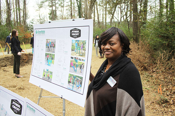 Deborah Burks, vice president for Institutional Effectiveness takes part in the groundbreaking as a member of the Leadership Macon 2017’s Fitness Circuit for Amerson River Park.