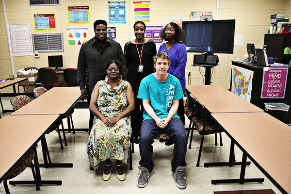 (Back, Left to Right) CGTC Hawkinsville WDC director, Marcus Early, adult education instructor, Merissa Sands, adult education instructor, Ruby Brown, join adult education students Sharon McGhee and Zachary Williams who recently won a Mercer essay competition whose prize was a trip to see The Lion King at the Fox Theatre. 