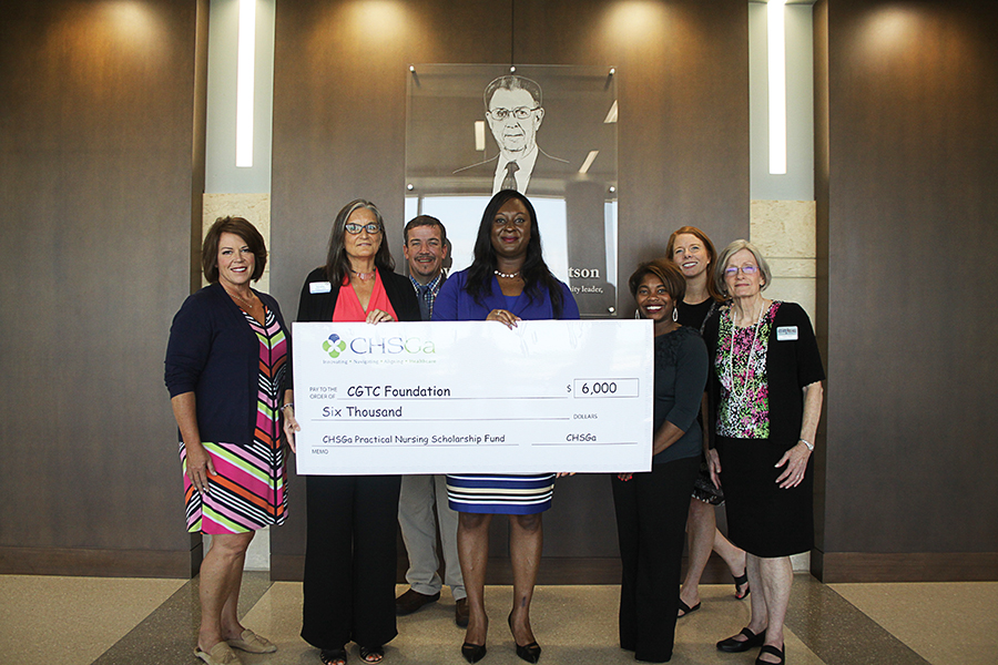 (From Left to Right) Leslie Coleman, administrator at Cherry Blossom Health & Rehabilitation in Macon, alongside CHSGa’s director of Academic Relations, Sandy Eskew Capps, Chapp Nelson, administrator at Gray Health & Rehabilitation in Gray, Ga., and Keitta Evans, vice president of Clinical Practice at CHSGa, present the $6,000 donation to CGTC Foundation scholarship coordinator, Carmen Davis, dean of Health Sciences, Paula Peña, and director of Nursing, Jessica Wilcox.