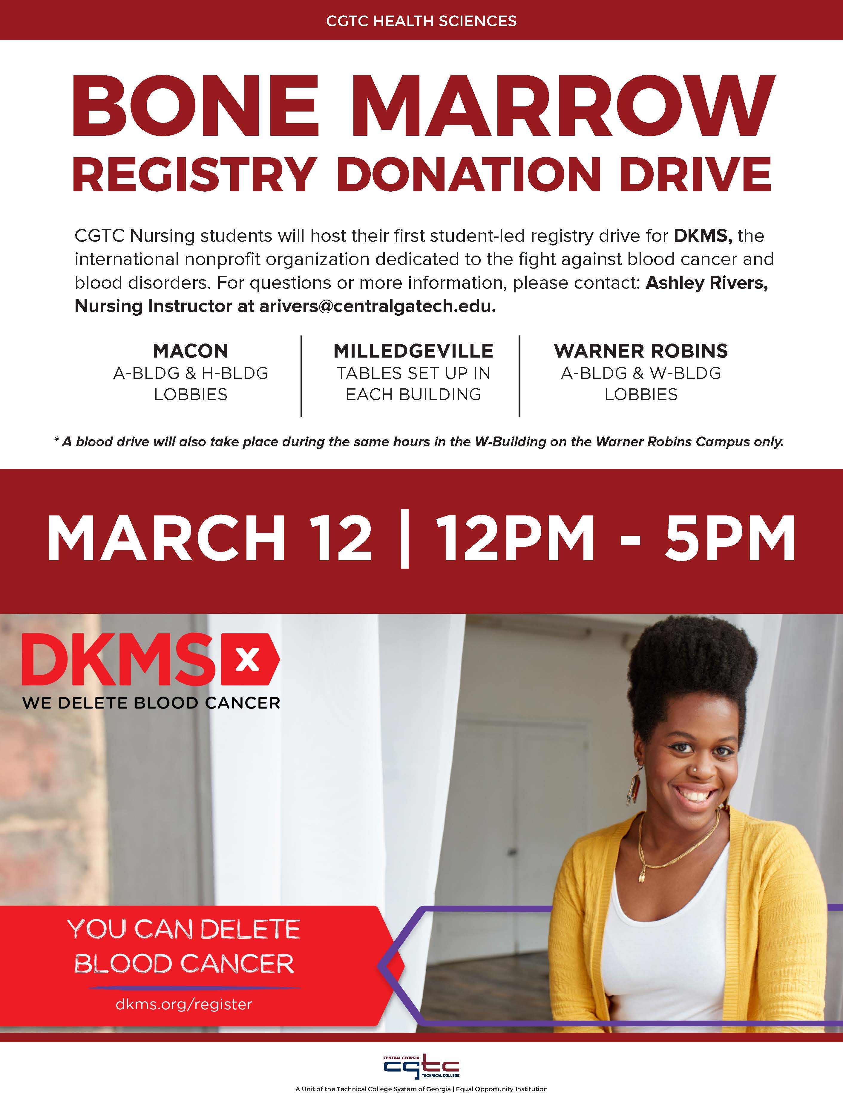 Infographic for upcoming bone marrow registry drive at CGTC. 