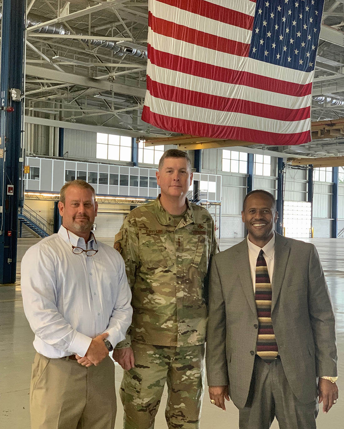(Pictured left to right) Robbie Fountain, chairman of the Macon-Bibb County Industrial Authority, Lt. Gen. Donald E. “Gene” Kirkland, Commander, Air Force Sustainment Center (AFSC), Air Force Materiel Command, and Dr. Ivan H. Allen, president of Central Georgia Technical College. 