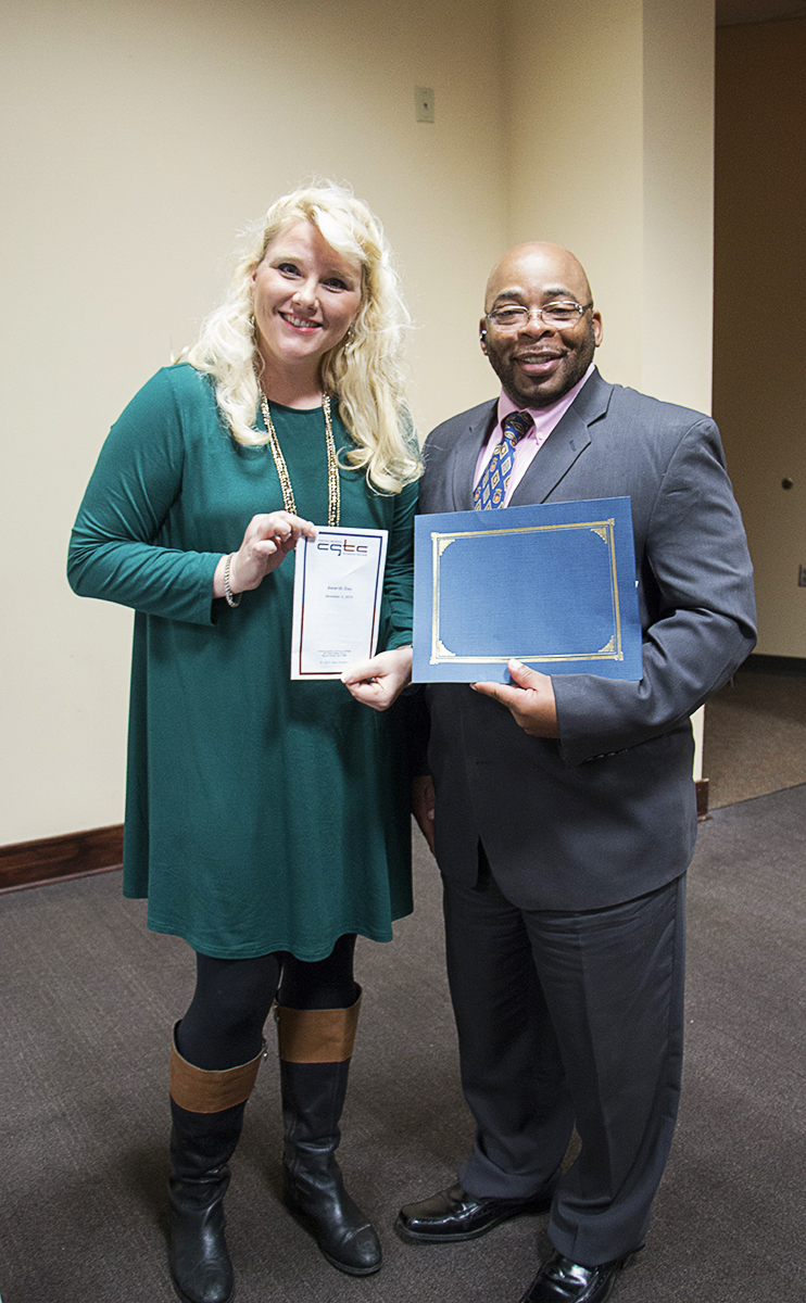 Ronald Greene receives recognition during CGTC’s Awards Day, as fall 2019 RESET Scholarship recipient alongside, Dr. Brittany Lucas, executive director for the Office of Re-entry Services.