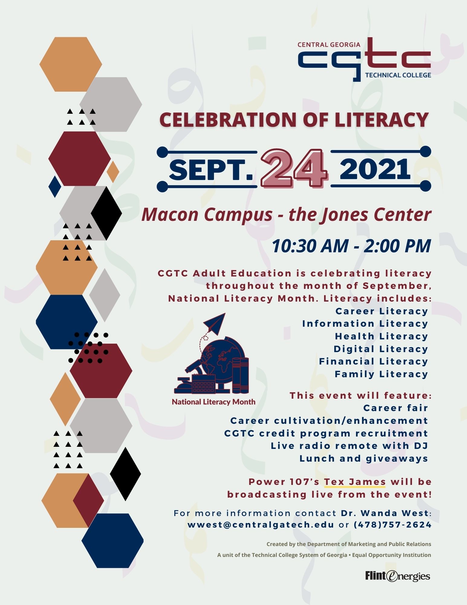 The Central Georgia Technical College (CGTC) Adult Education Division (AED) is celebrating National Literacy Month with its Celebration of Literacy event on September 24, 2021 at the Jones Center of the College’s Macon Campus on 3300 Macon Tech Dr., from 10:30 a.m. to 2:00 p.m.