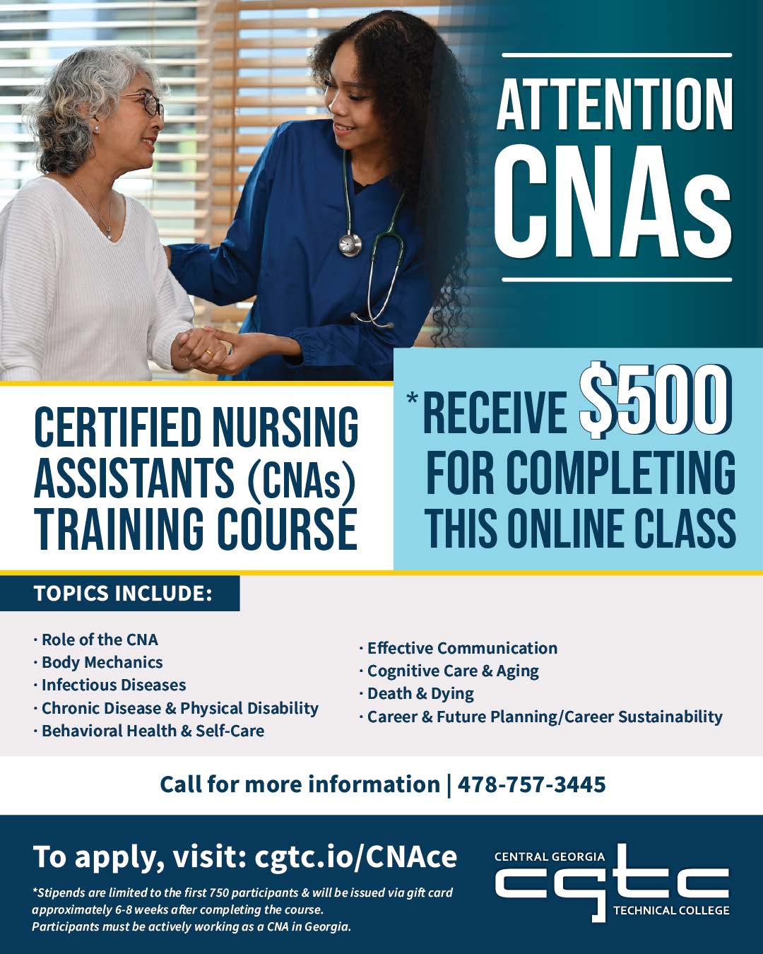 Ad for grant funded CNA program through Continuing Education 