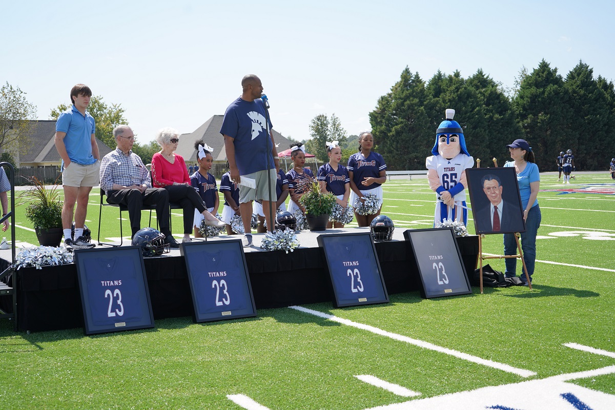 Sonny Watson and his family members are honored at the inaugural CGTC Football game at the Roy H. “Sonny” Watson Wellness Complex in September 2023. A hand-painted portrait of Watson, painted by Artist Caleb Brown, was unveiled at the ceremony and now hangs in the lobby of Building A on the CGTC Warner Robins campus.