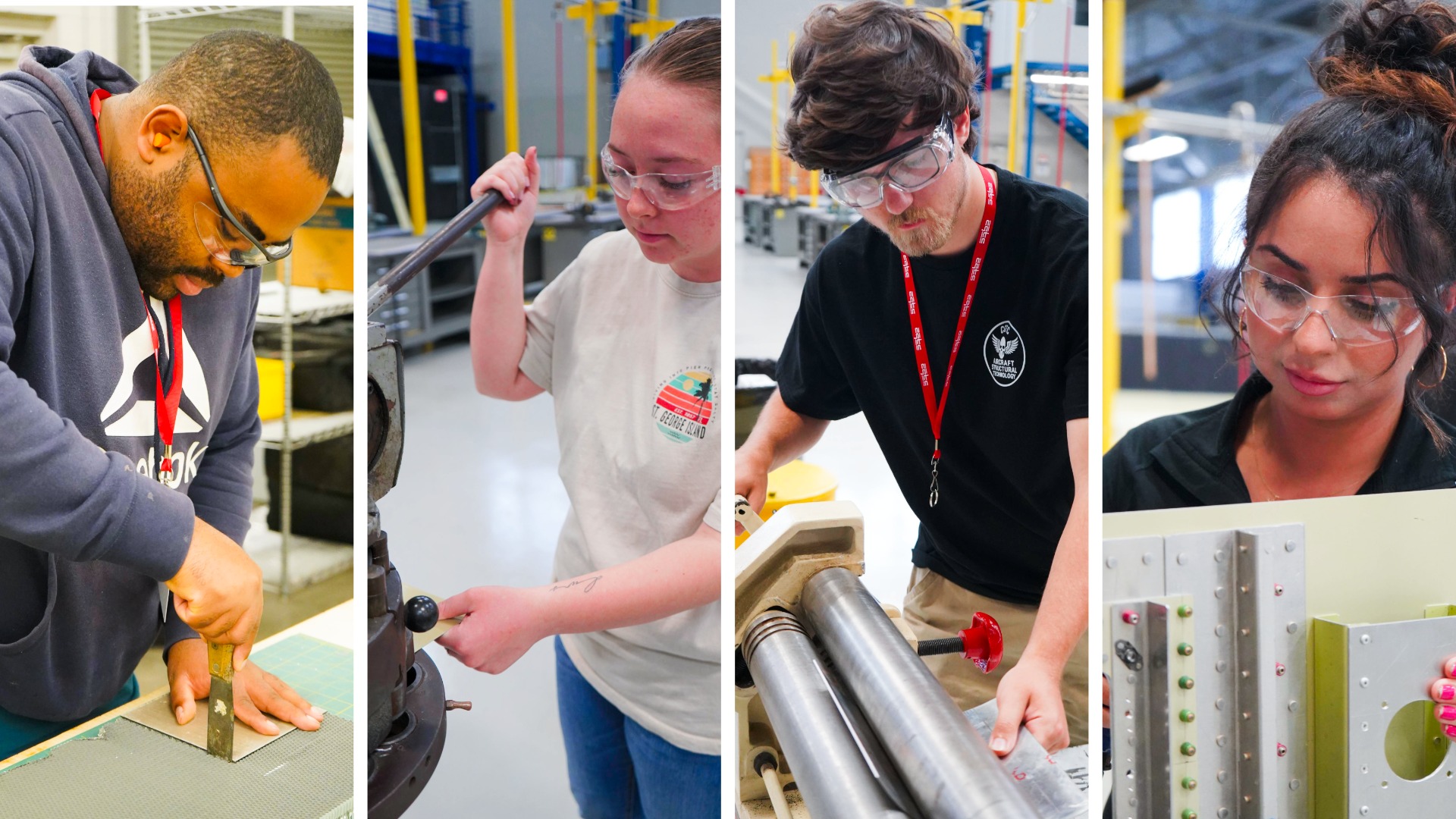 Two male students and two female students work on aircraft in the lab.