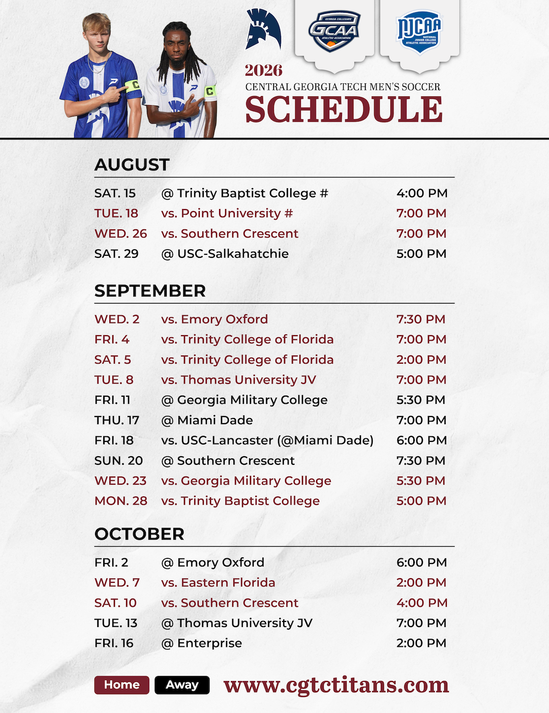 Men's Soccer Schedule for 2026. For accessible schedule, please visit cgtctitans.com