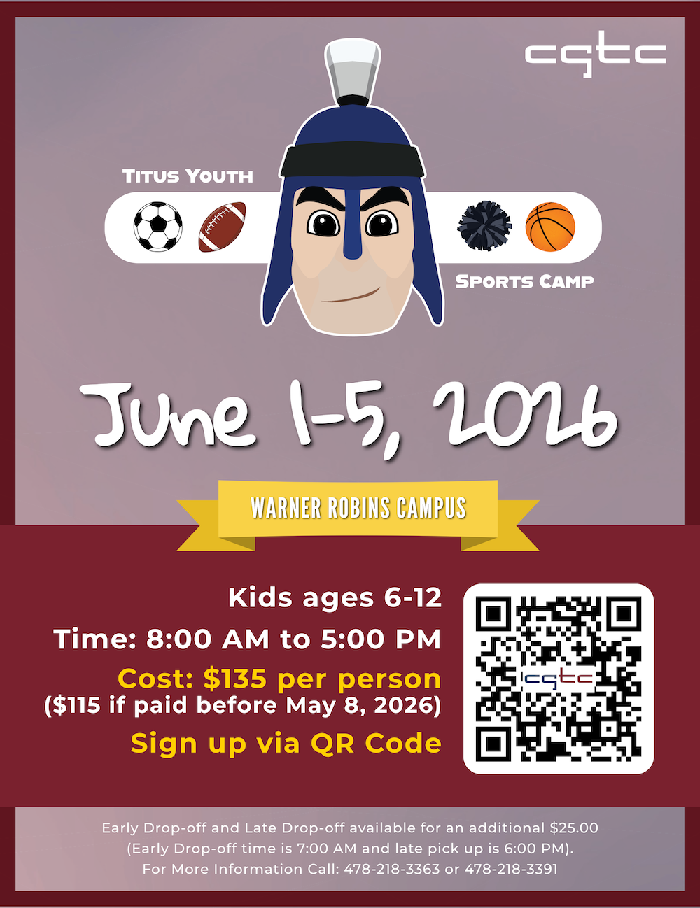 Titus Youth Sports Camp Flyer. Visit cgtc.io/titusSports to sign up.