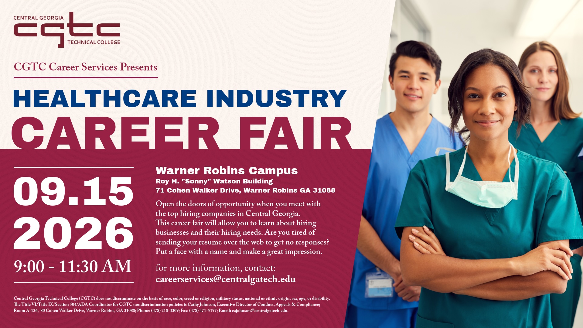 Healthcare Industry Career Fair, September 15th 2026, 9 to 11:30 AM, Warner Robins Campus, Watson Building