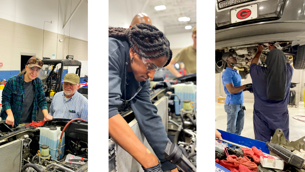 Central Georgia Technical College students develop hands-on vehicle maintenance and repair skills in a training lab. The four images show students working through a variety of vehicle procedures such as learning diagnostic procedures, radiator and cooling system service, vehicle inspection techniques, inspecting engine compartments and working underneath a vehicle on a lift. Students use professional tools and wear safety glasses and gloves while learning general automotive repair practices. 