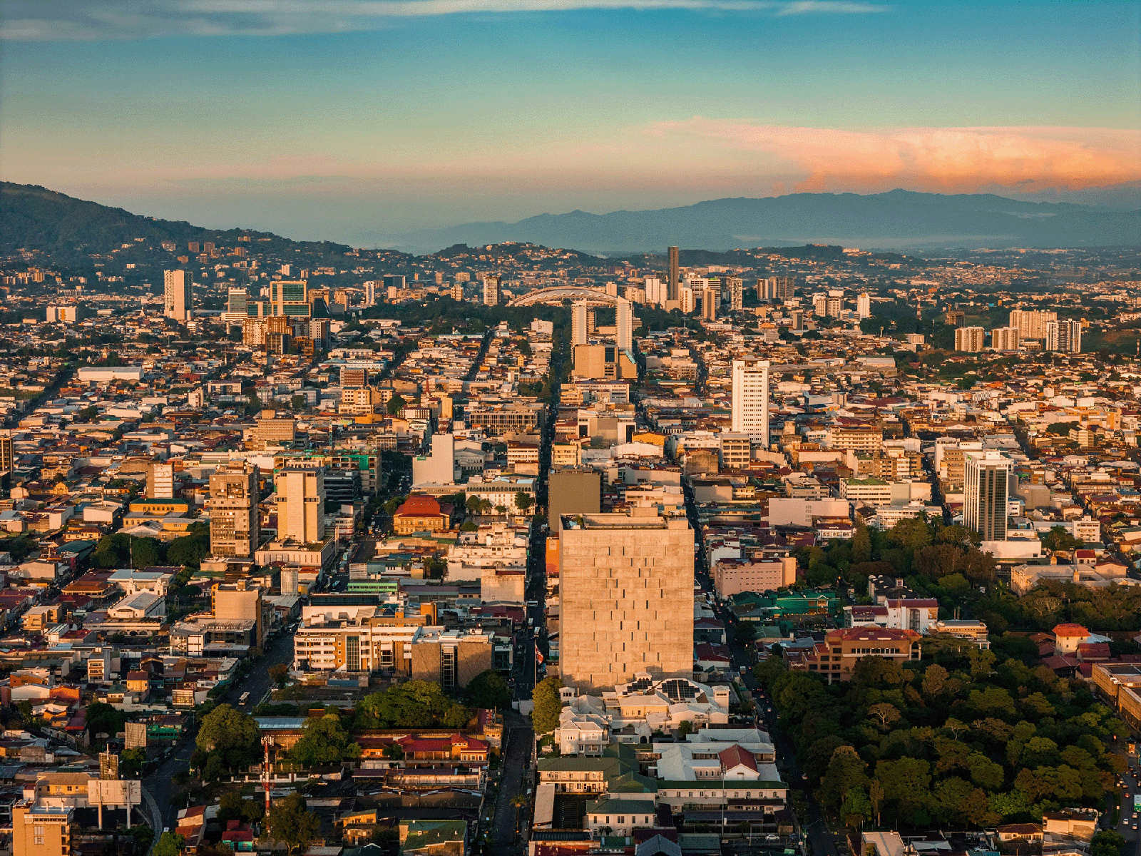 Wide aerial shot of San Jose, capital city of Costa Rica.
