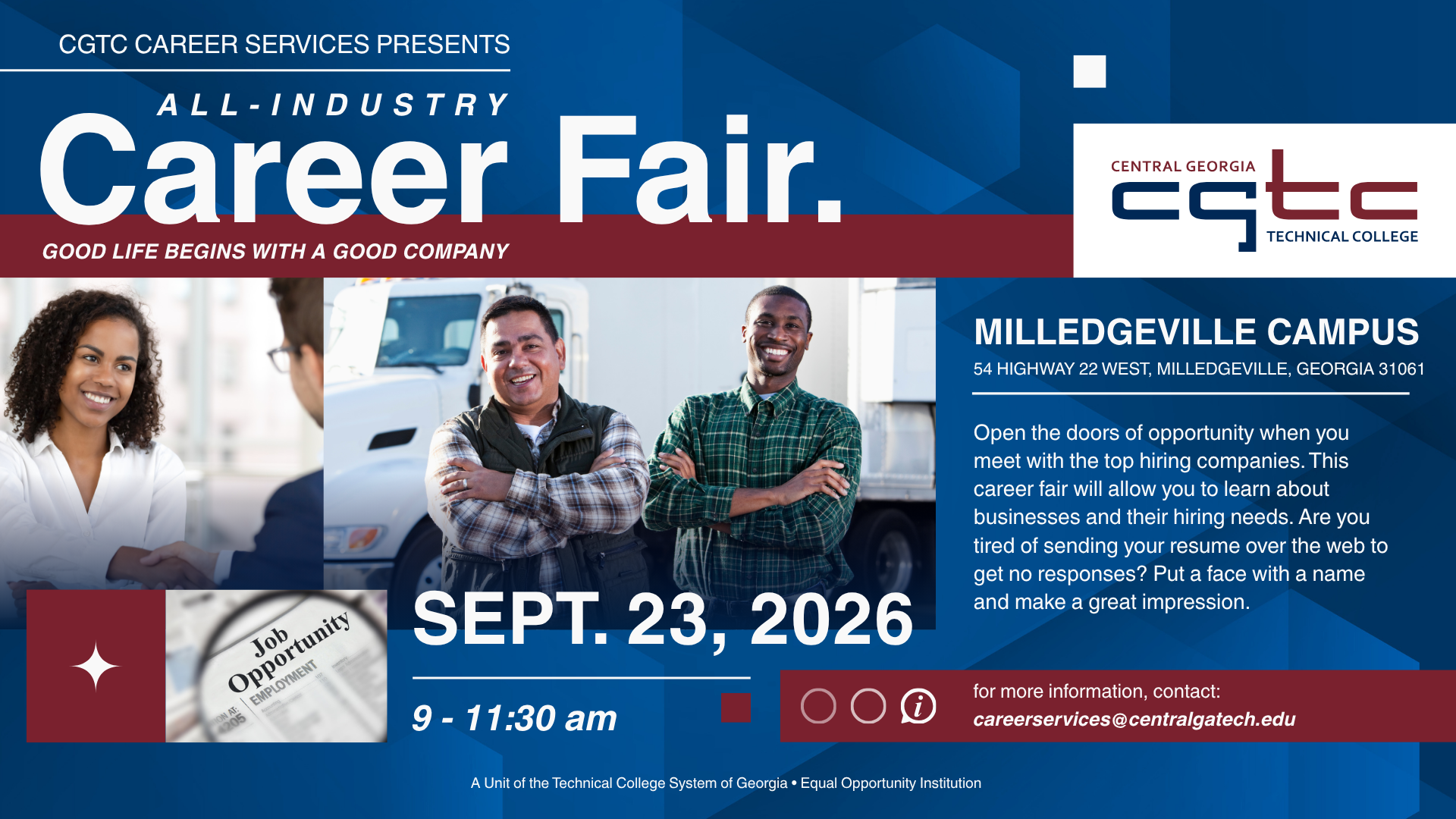 Milledgeville All Industry Career Fair, September 22, 2026. 9 - 11:30 AM Contact careerservices@centralgatech.edu for more information
