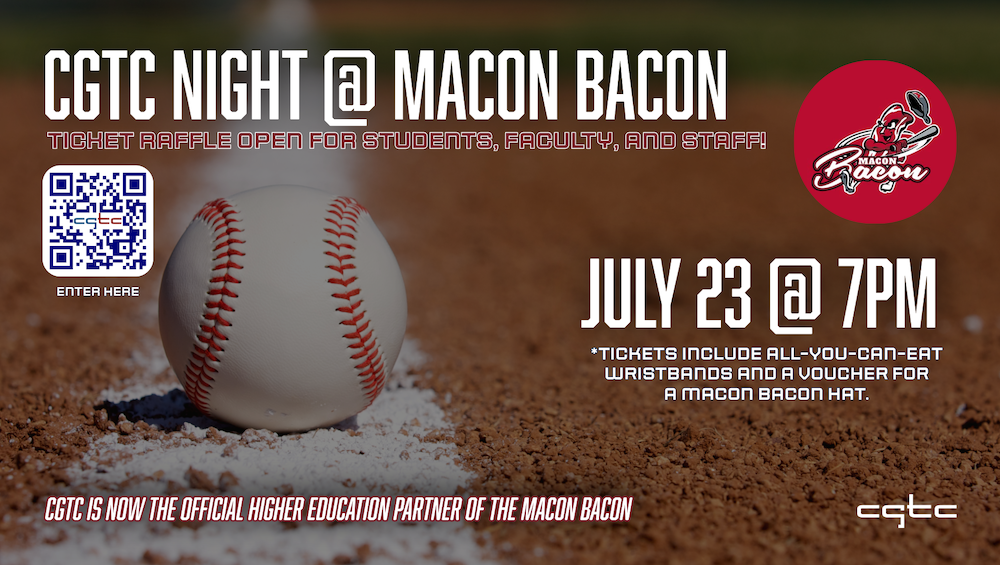 CGTC Night at Macon Bacon Graphic which details how students and staff can sign up for a raffle for tickets. QR Code is on graphic with link to cgtc.io/Bacon to sign up.